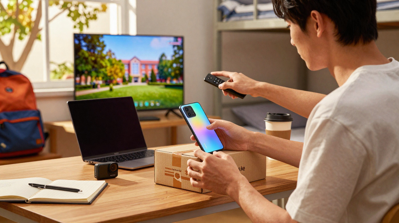 Pessoa a segurar smartphone e comando TV, sentado numa mesa com portátil, caixa e caderno num ambiente luminoso.