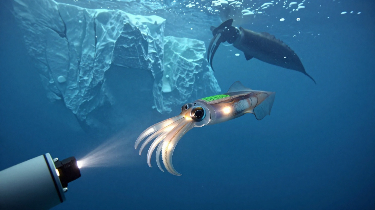 Lula bioluminescente perto de icebergue, iluminada por luz subaquática artificial.