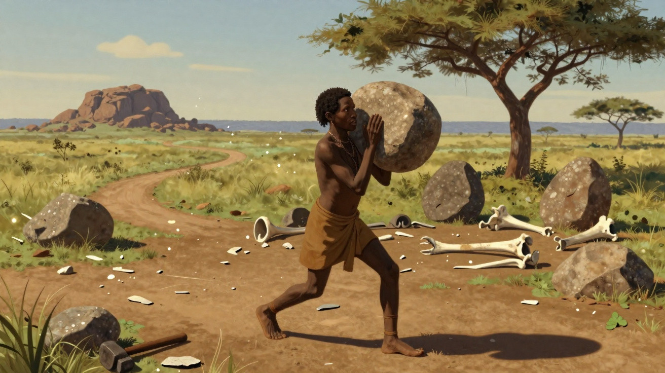 Homem pré-histórico a transportar uma grande pedra num caminho rodeado por ossos e pedras numa paisagem africana.