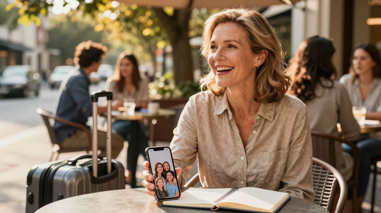 Mulher sorridente numa esplanada a mostrar foto de família no telemóvel, com mala de viagem preta ao lado.