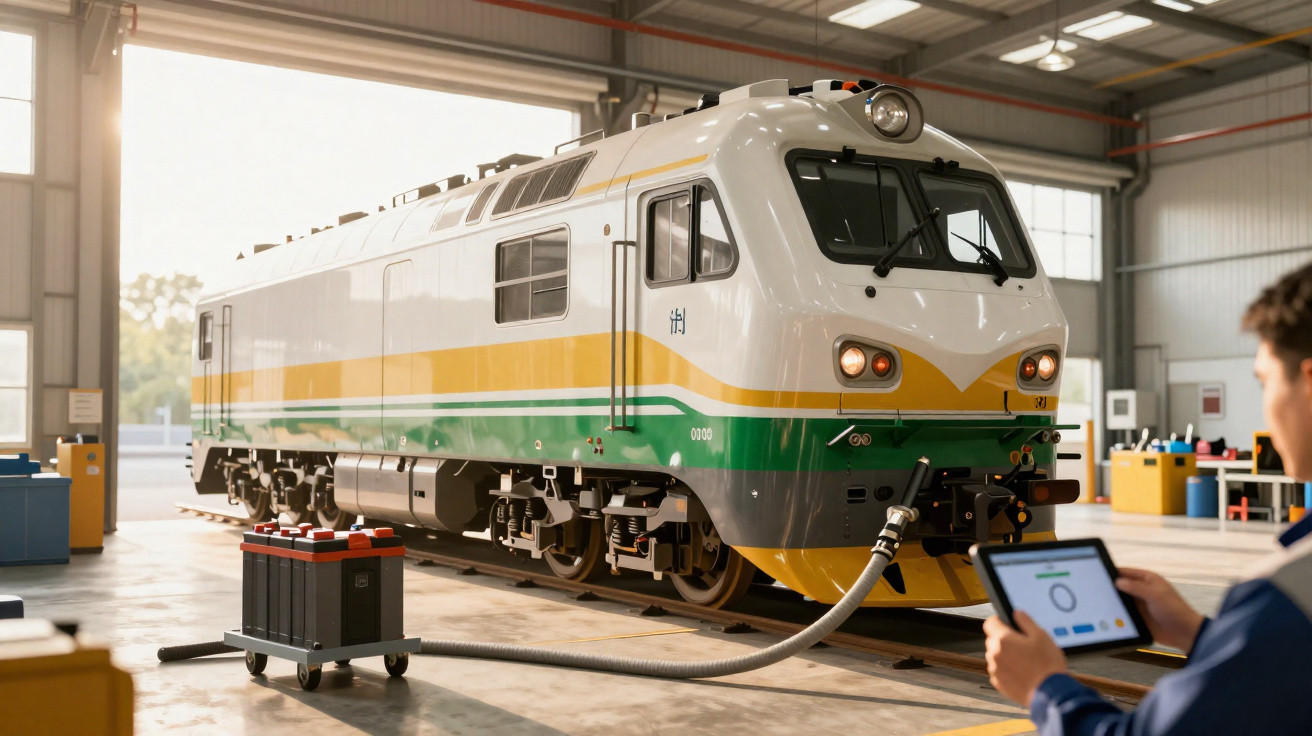 Técnico a controlar tablet com comboio elétrico em manutenção numa oficina industrial iluminada.
