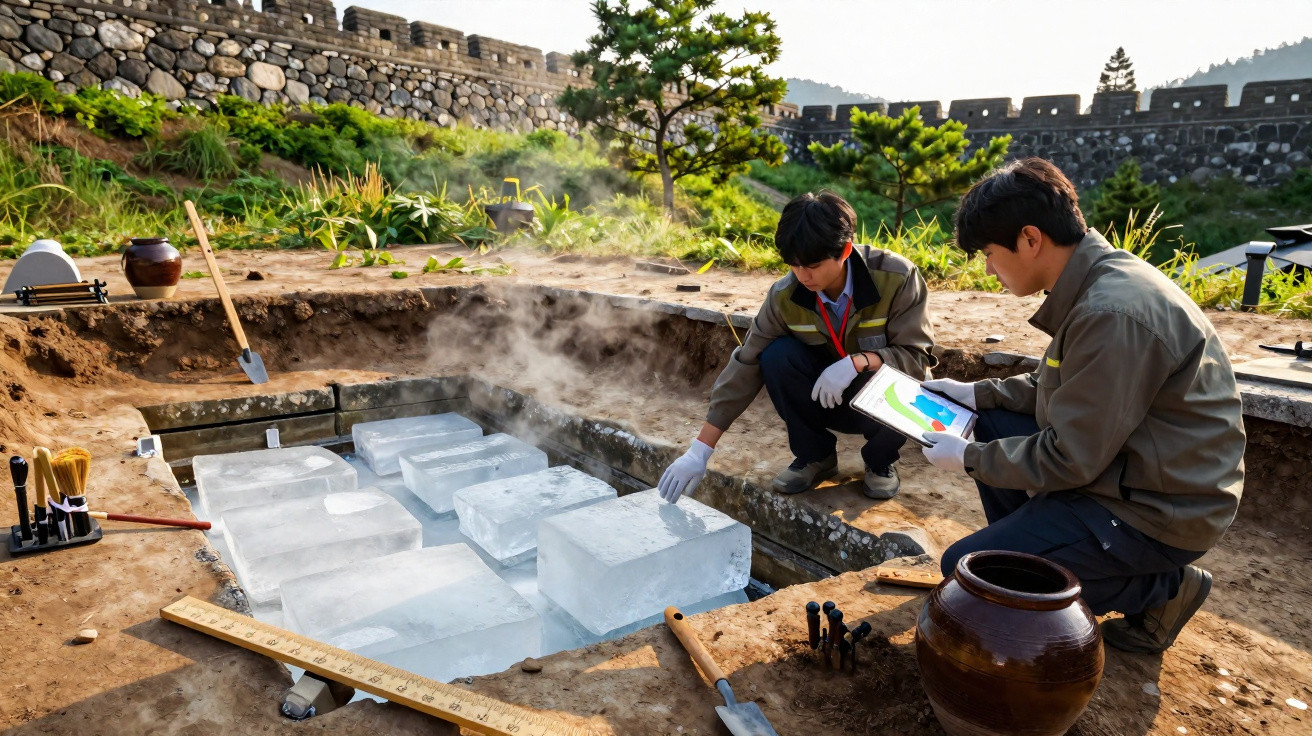 Dois arqueólogos examinam blocos de gelo preservados em escavação arqueológica ao ar livre, junto a utensílios.