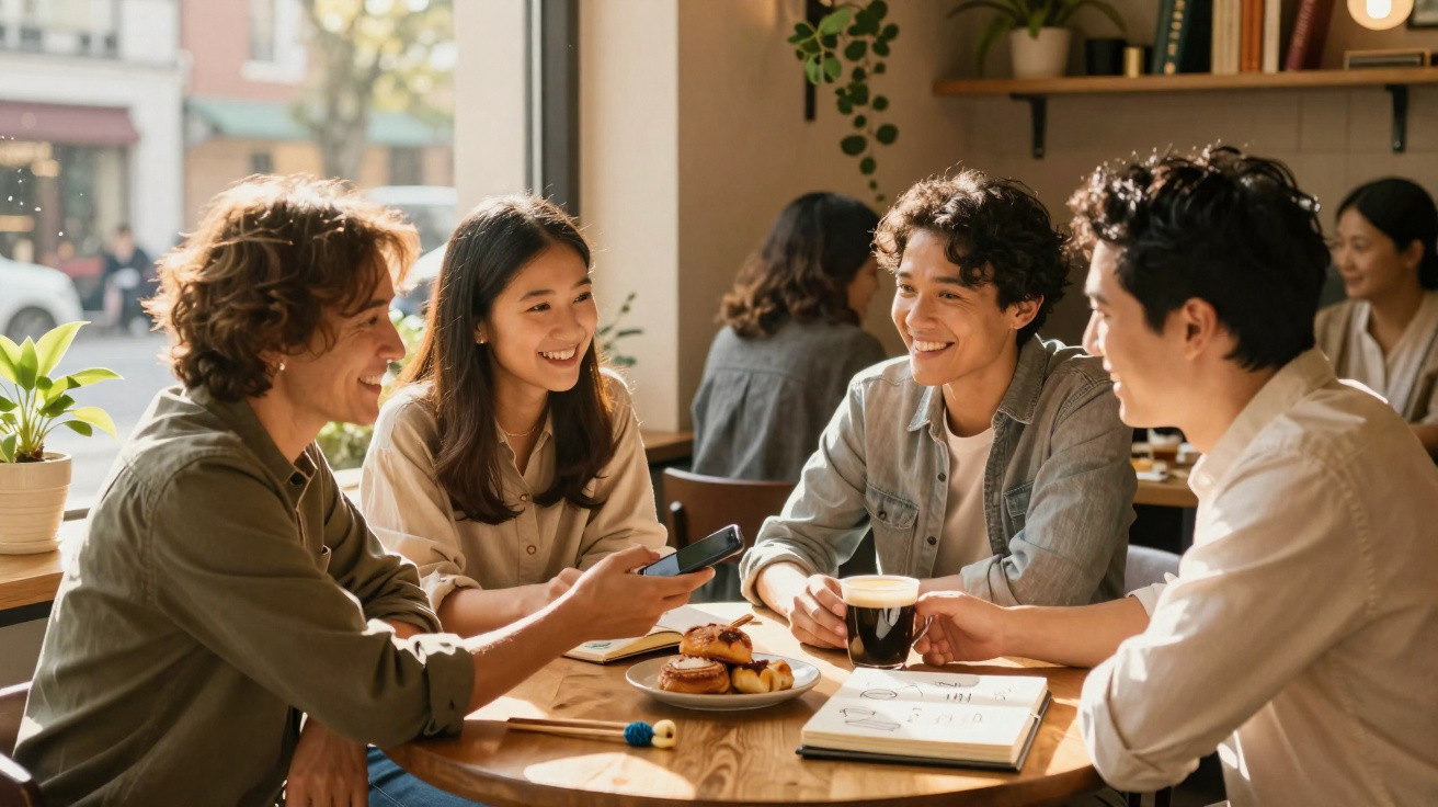 Quatro amigos jovens sorridentes conversam e tomam café num ambiente acolhedor de café ou biblioteca.