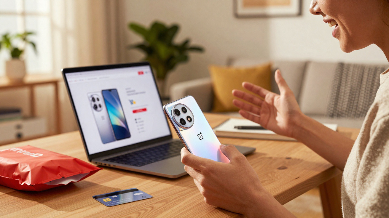 Pessoa a segurar smartphone OnePlus junto a laptop com site de compras abertas numa mesa de madeira.