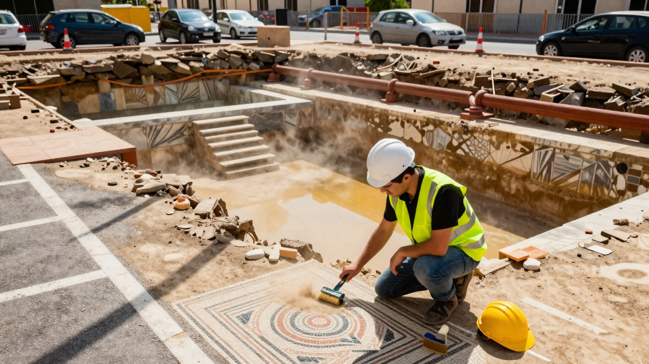 Arqueólogo com colete e capacete branco limpa mosaico antigo num sítio arqueológico urbano em escavação.