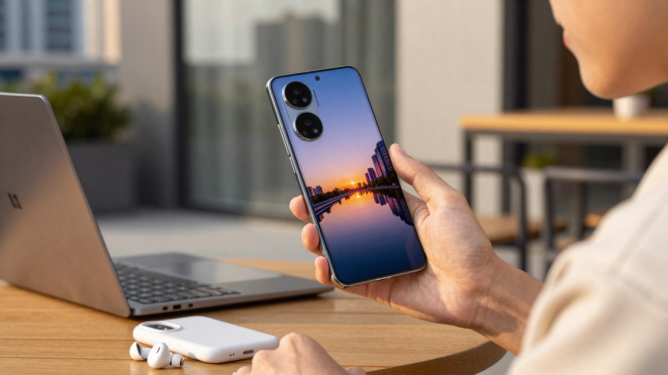 Pessoa a segurar telemóvel com imagem de pôr do sol refletida enquanto está junto a computador portátil.