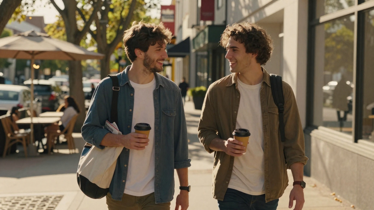 Dois homens jovens a caminhar na rua, sorrindo e segurando copos de café para viagem.