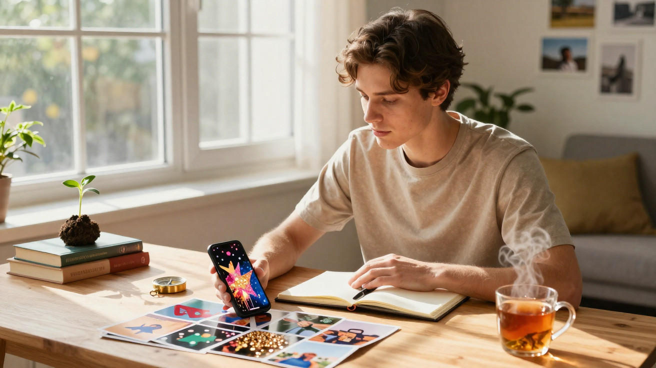 Jovem sentado numa mesa com fotos, livro aberto, a olhar para o telemóvel e chá quente ao lado.