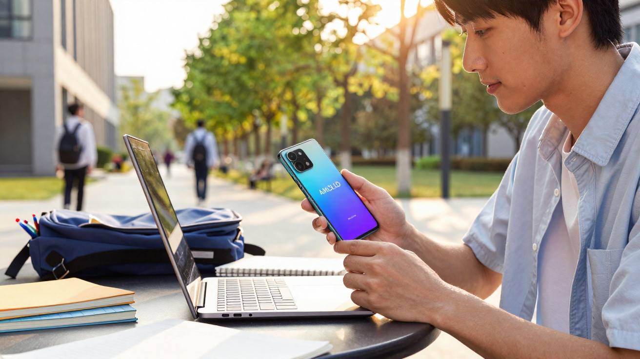 Jovem sentado ao ar livre a segurar um telemóvel AMOLED junto a um portátil aberto numa mesa.
