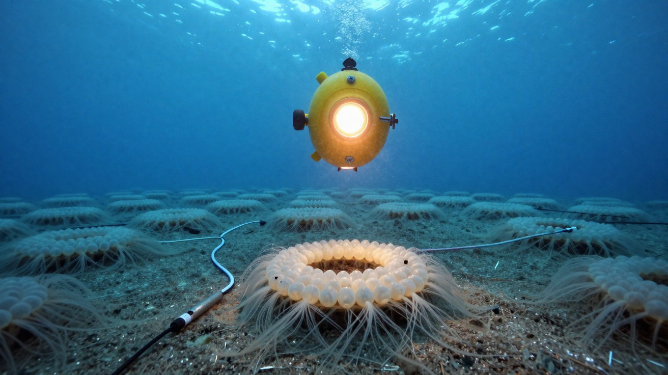 Veículo subaquático amarelo iluminando anémonas marinhas brancas no fundo do oceano.
