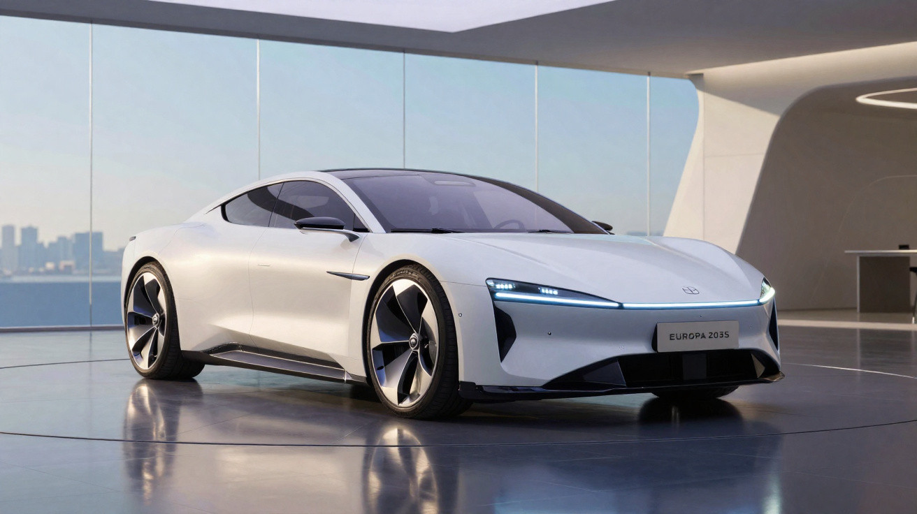 Carro desportivo eléctrico branco futurista estacionado em espaço moderno com vistas para cidade ao fundo.