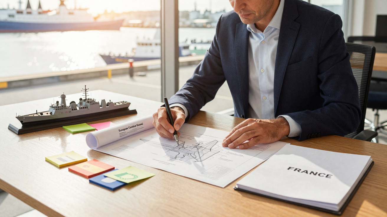 Homem a analisar e anotar num mapa na mesa de escritório com maquete de navio e pasta intitulada France.