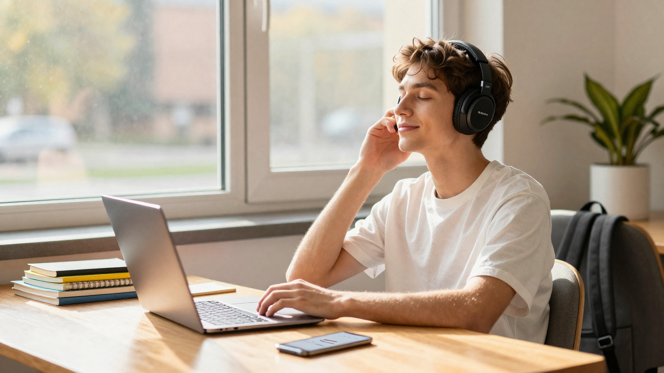 Jovem com headphones a ouvir música e a usar um computador portátil junto a uma janela iluminada.