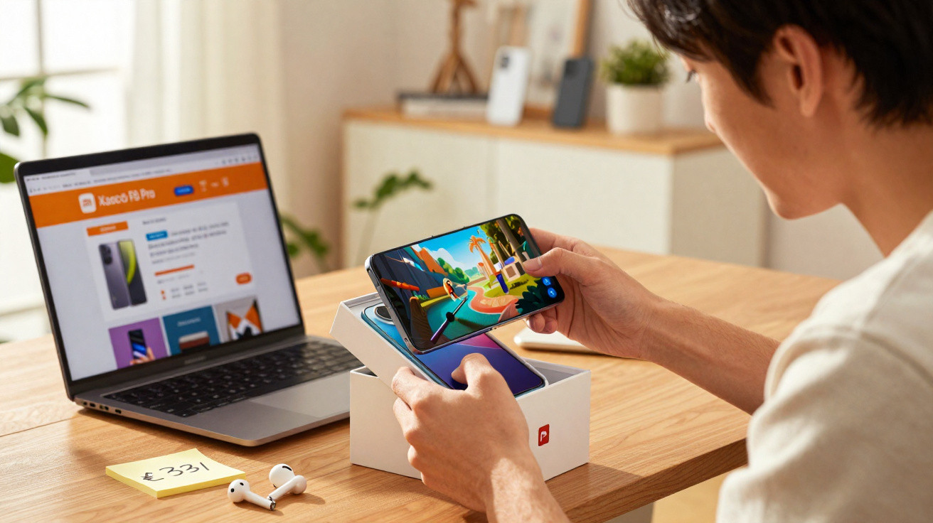 Pessoa a desembrulhar um smartphone novo e a jogar um jogo no aparelho numa mesa com computador portátil.