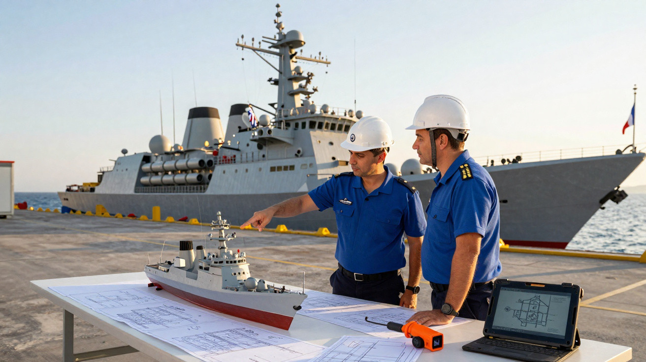 Dois engenheiros navais com capacetes brancos analisam maquete e planos de navio de guerra num cais.