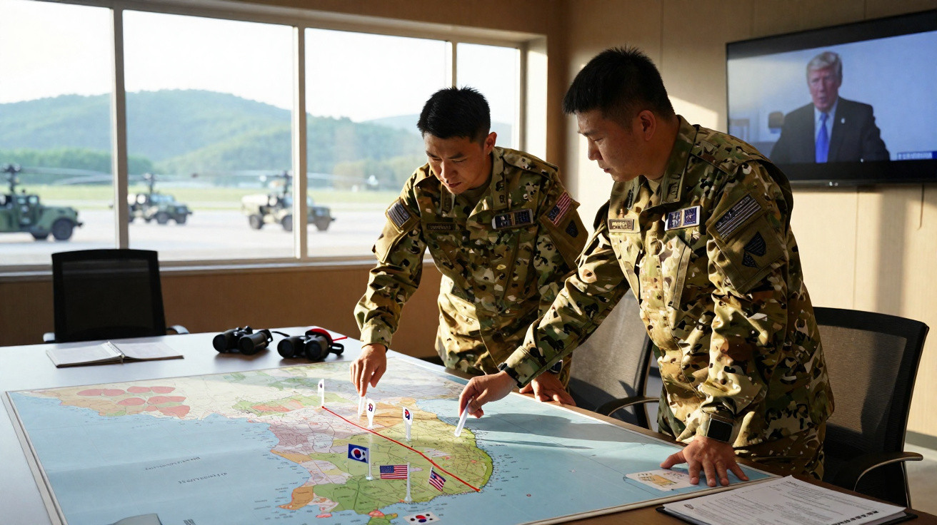 Dois soldados em uniforme camuflado analisam mapa com bandeiras e traços vermelhos numa sala com janela e TV.