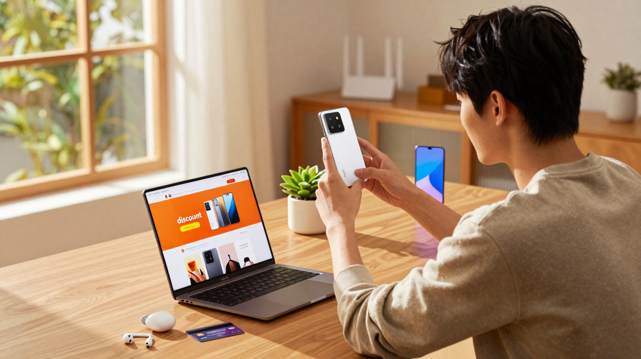 Pessoa a segurar smartphone branco junto a portátil com site de descontos numa mesa de madeira com acessórios.