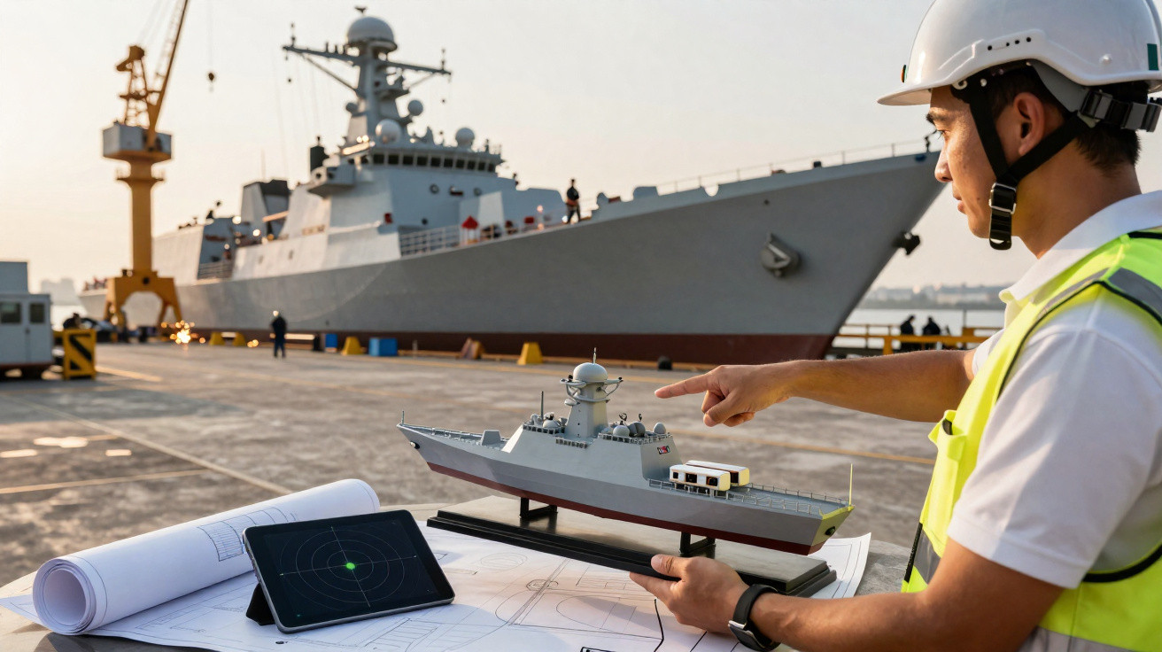 Engenheiro naval com capacete e colete a apontar para maquete de navio em doca com navio real ao fundo.