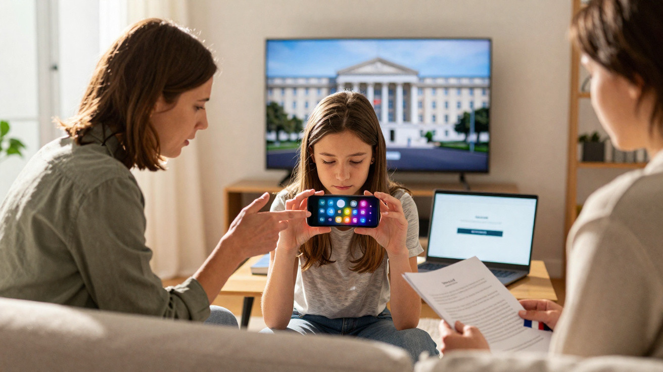 Mulher a falar com uma menina que mostra um smartphone com ecrã cheio de apps, enquanto outra pessoa lê documentos.