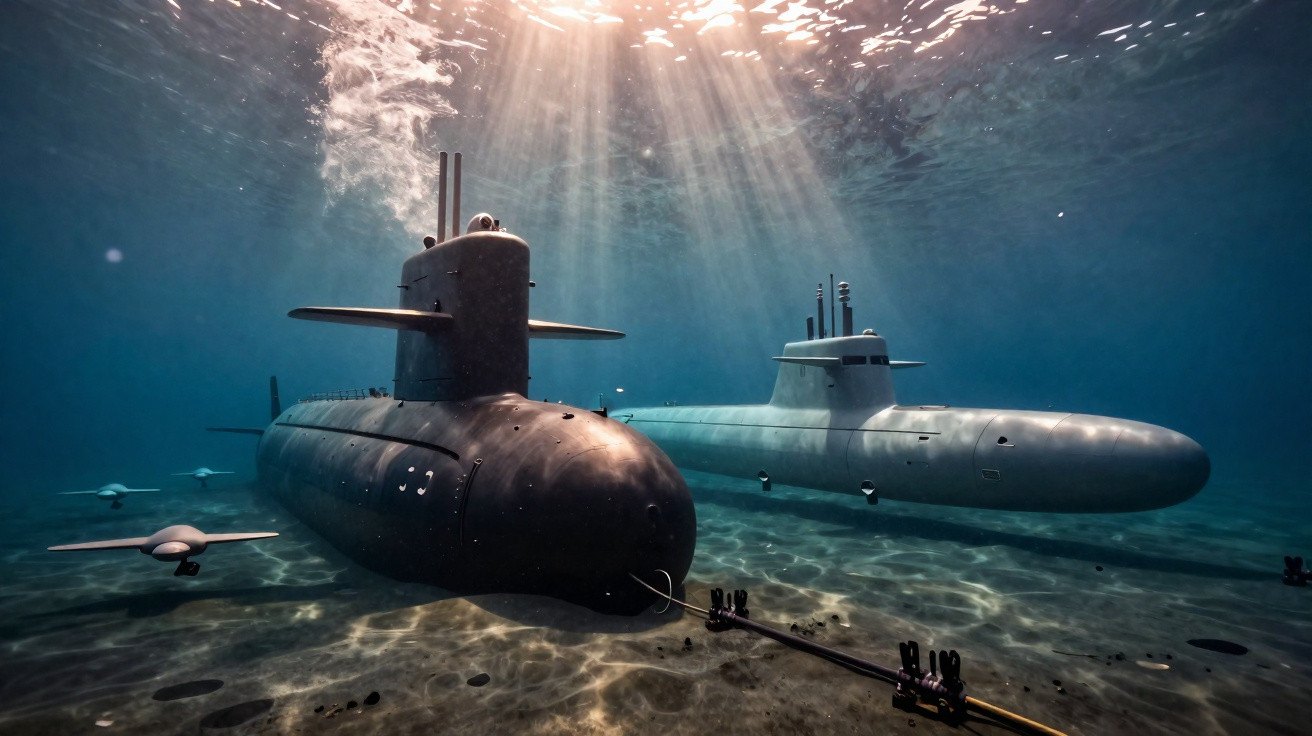 Dois submarinos militares submersos no fundo do mar com raios de luz a penetrar a água.