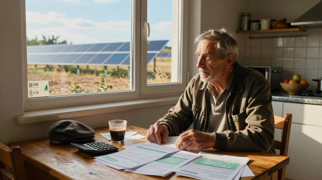 Homem idoso sentado à mesa com documentos e janela mostrando painéis solares ao fundo.