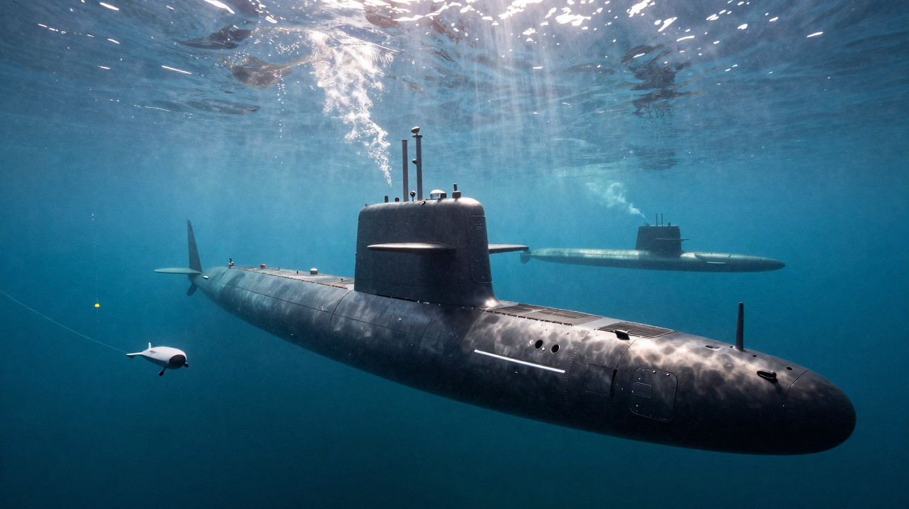 Dois submarinos militares a navegar sob a água em ambiente oceânico iluminado pela luz solar na superfície.