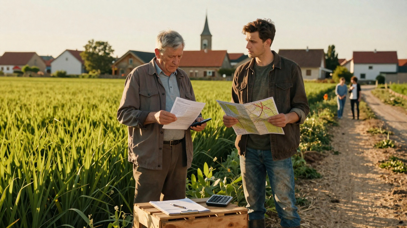 Homem e idoso analisam mapas e documentos numa plantação rural com aldeia ao fundo ao entardecer.