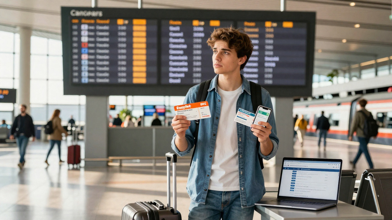 Jovem em estação de comboios com bagagem, bilhetes e telemóvel, à frente de painel de partidas.