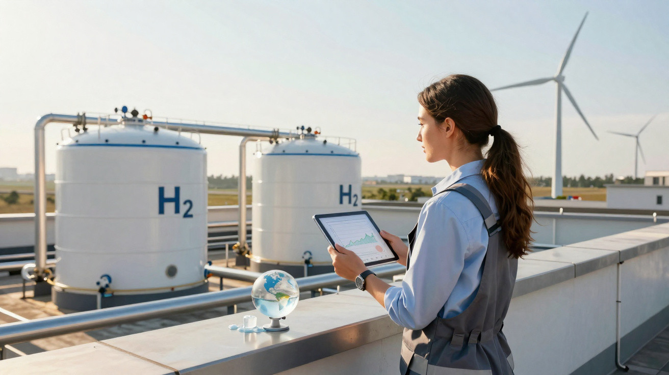 Mulher com tablet observa depósitos de hidrogénio e turbinas eólicas numa estação de energia sustentável.
