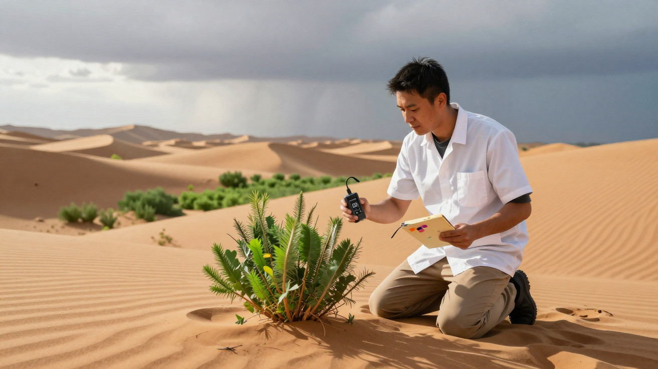 Homem a analisar planta no deserto com equipamento de medição e bloco de notas na mão.