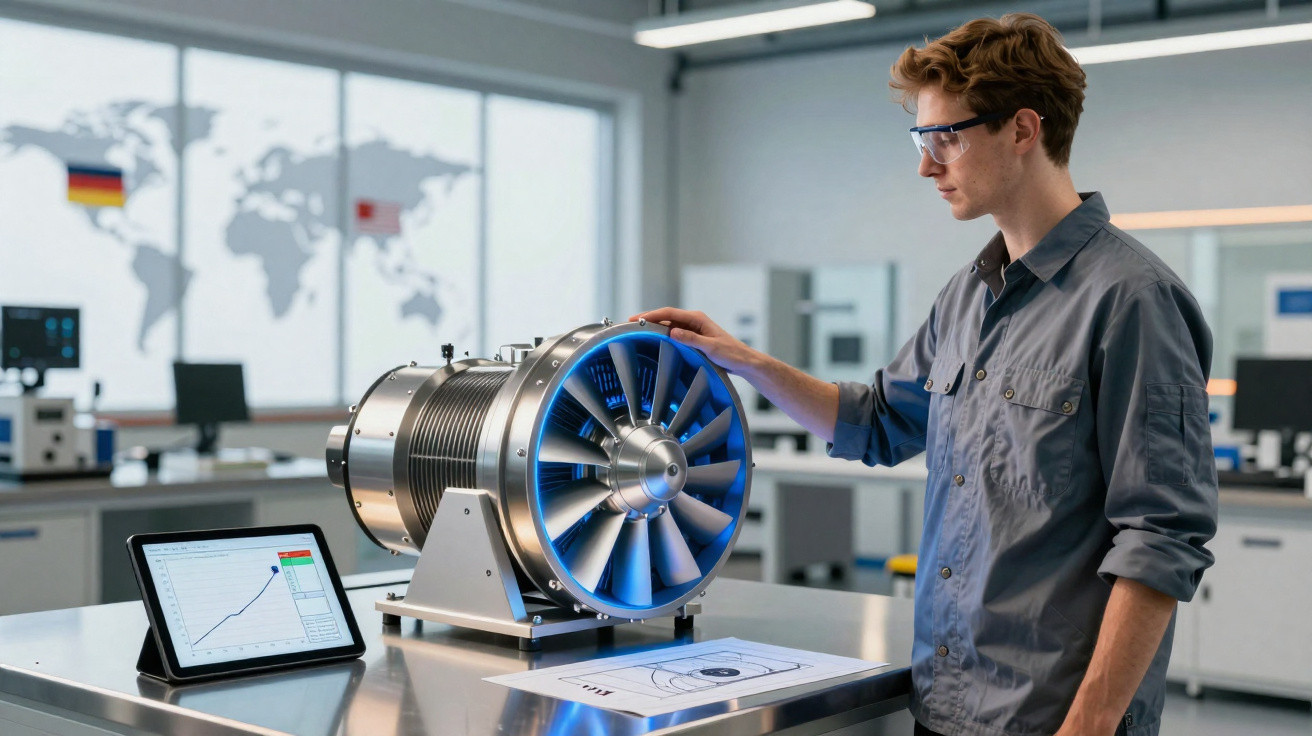 Engenheiro com óculos de proteção analisa turbina em laboratório moderno com gráfico num tablet.