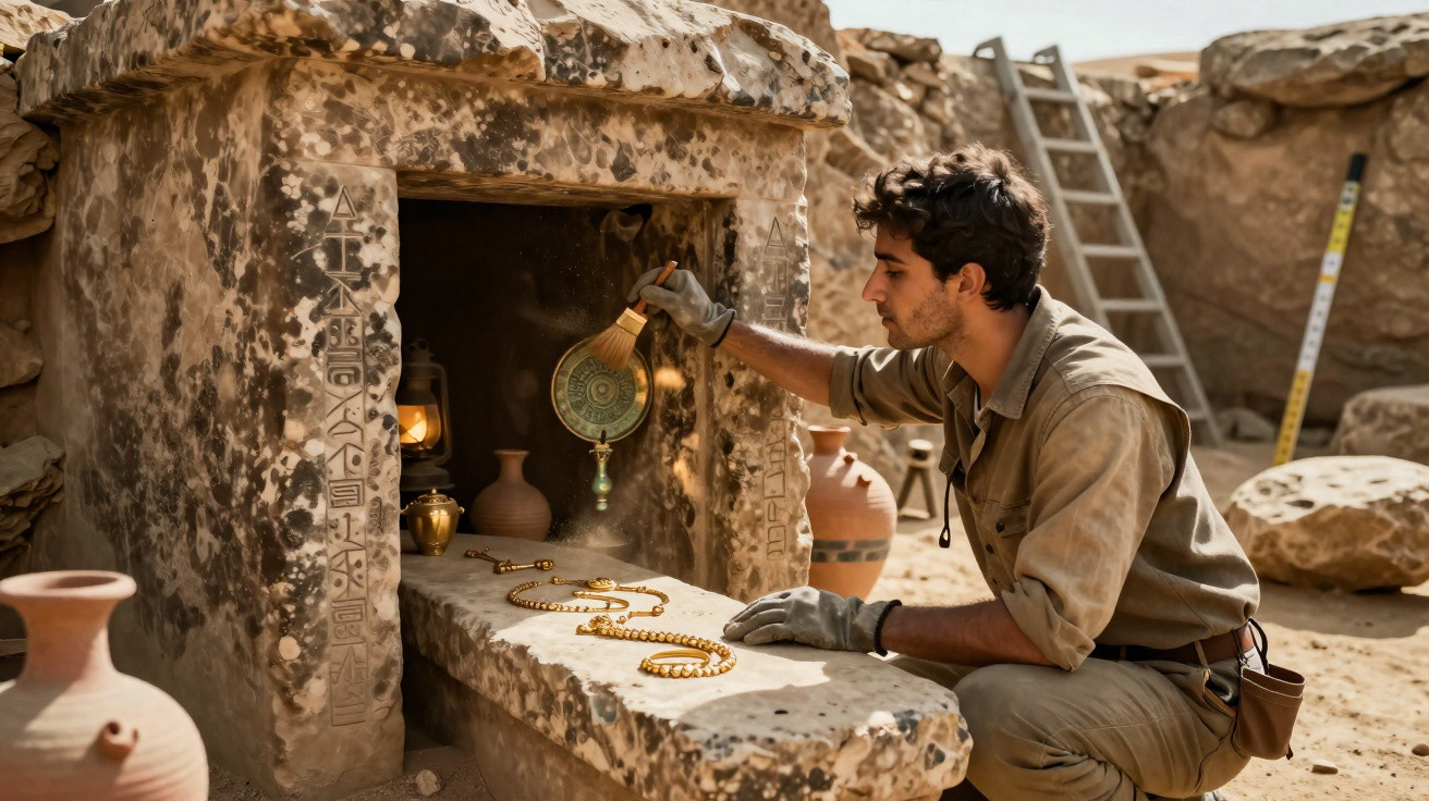Arqueólogo a limpar ornamentos dourados numa tumba antiga com hieróglifos e artefactos no deserto.