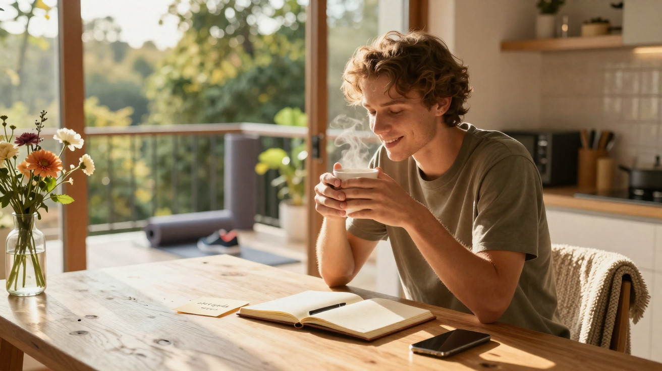 Jovem sentado ao sol pela manhã, a saborear chá ou café, com livro aberto e flores na mesa de madeira.
