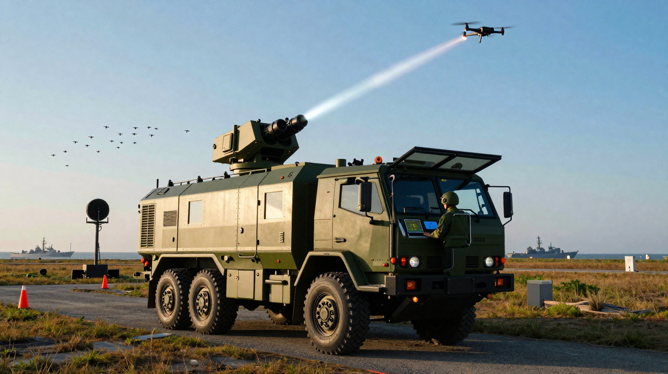 Veículo militar blindado com sistema de defesa aéreo e drone em voo ao pôr do sol no campo aberto.