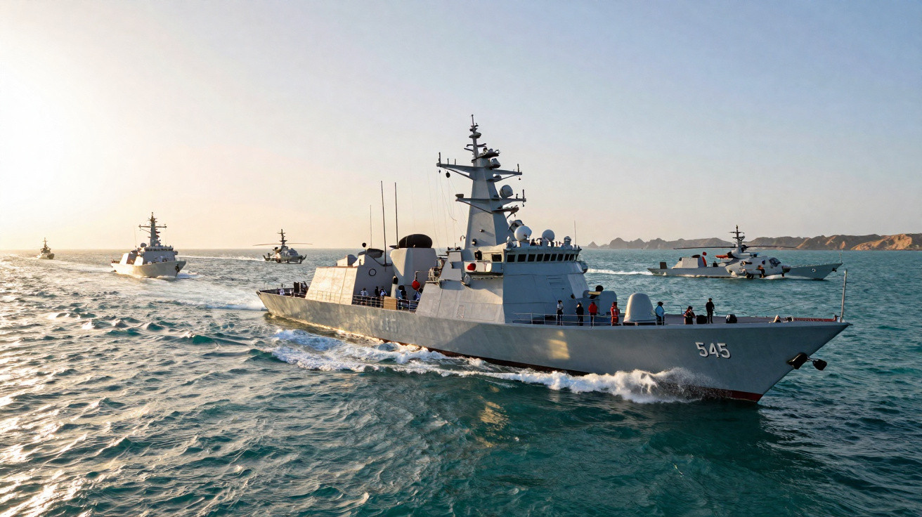 Formação de cinco navios de guerra cinzentos navegando em mar calmo com costa ao fundo ao pôr do sol.