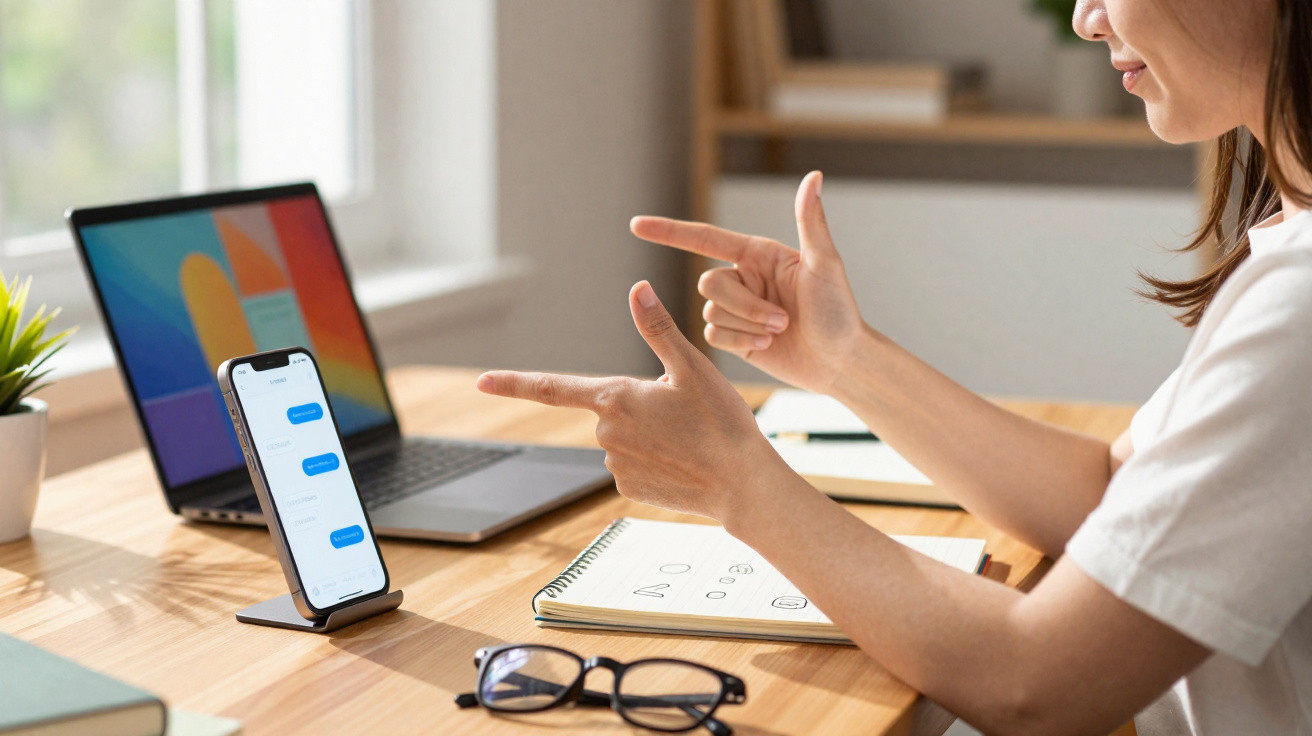 Pessoa a fazer vídeo chamada num smartphone numa mesa com portátil, caderno e óculos.