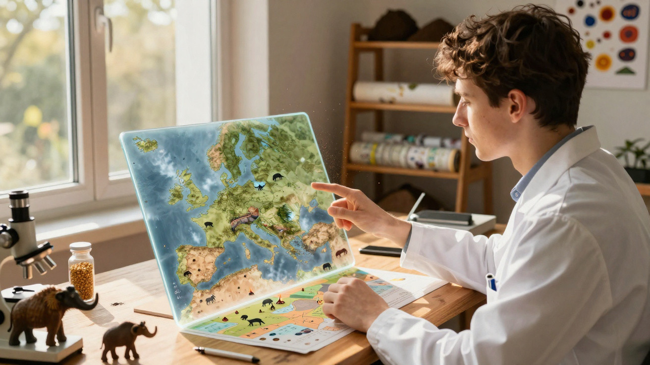 Jovem cientista a estudar mapa digital da Europa numa mesa com microscópio e figuras de animais.