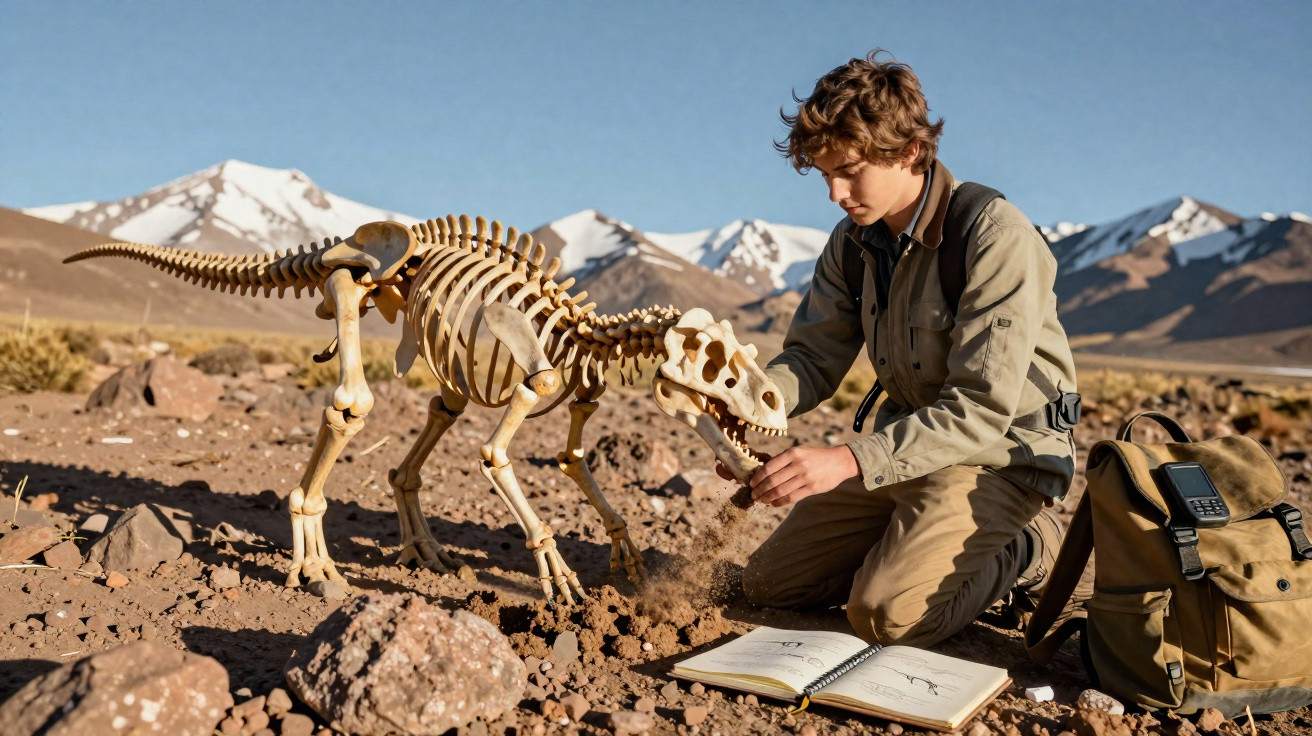 Jovem a estudar esqueleto de dinossauro em ambiente montanhoso seco com mochila e livro aberto no chão.