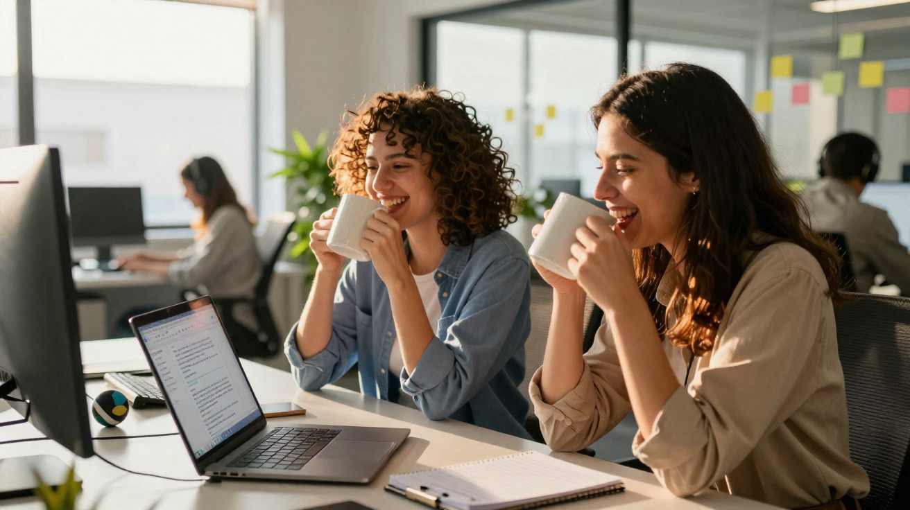 Duas mulheres sorridentes a beber café e a trabalhar num escritório moderno com computadores à frente.