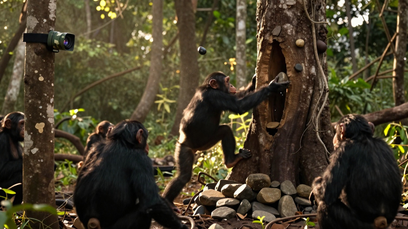Chimpanzés interagem com brinquedo de enriquecimento ambiental numa floresta, com câmara escondida visível numa árvore.