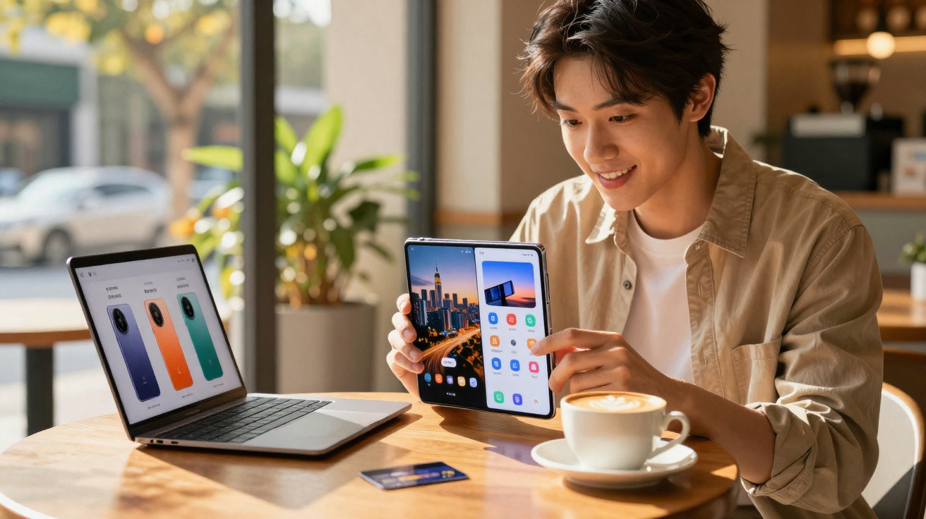 Homem jovem sentado numa cafetaria, mostrando um smartphone dobrável ao lado de um portátil e uma chávena de café.