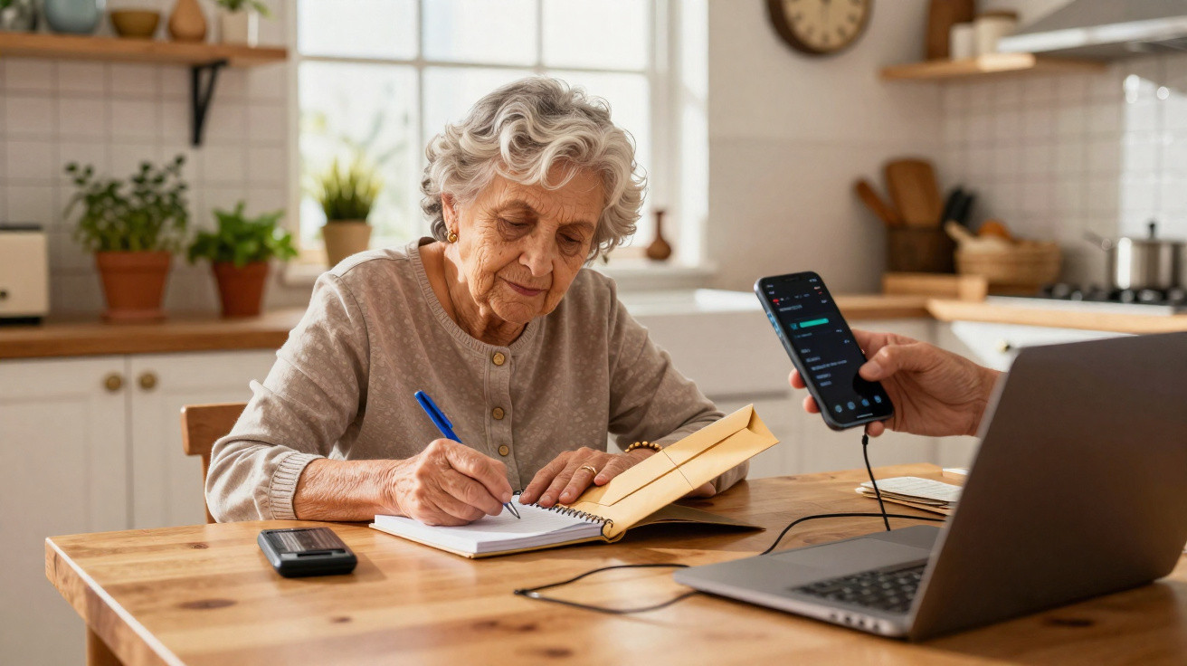 Idosa sentada a escrever em caderno na cozinha, com computador e alguém a mostrar telemóvel.