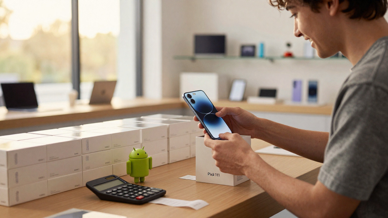 Pessoa a segurar um smartphone Pixel 7 Pro com várias caixas brancas e um pequeno boneco Android numa mesa.