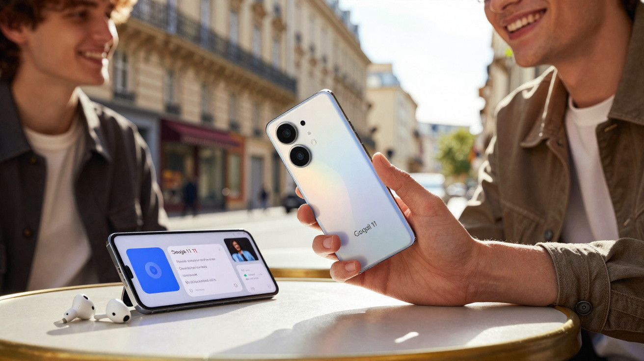 Dois jovens sentados numa esplanada, um segura um smartphone Google 11 e outro tem um ecrã com chamadas.