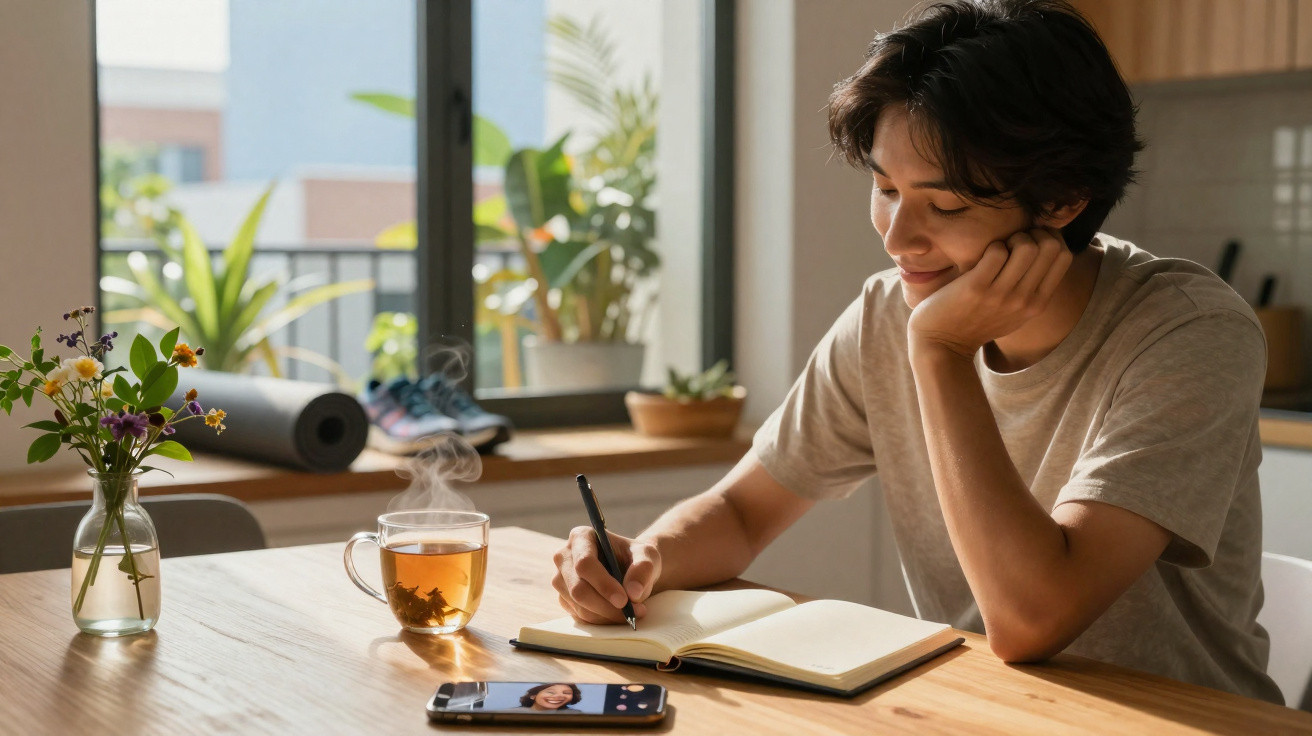 Pessoa jovem a escrever num caderno numa mesa com chá fumegante e smartphone com vídeo chamada.
