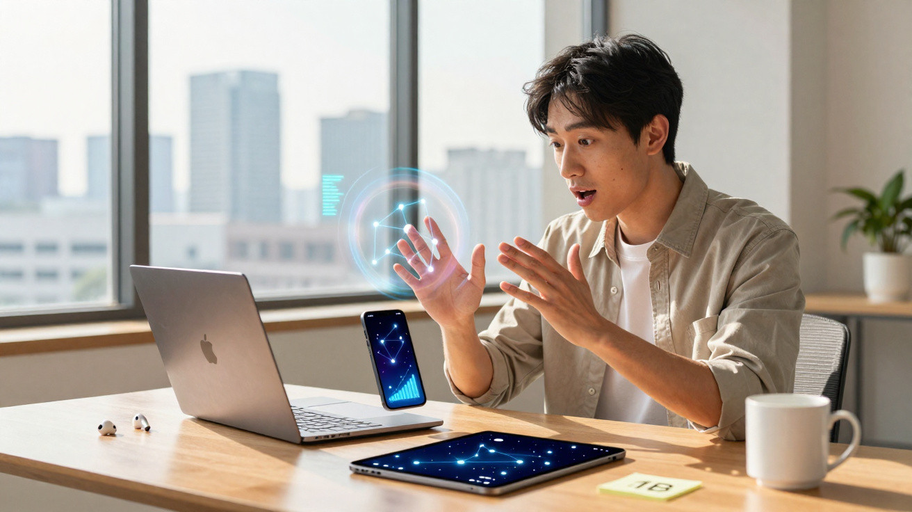 Homem surpreendido interagindo com holograma em telemóvel, computador portátil e tablet numa secretária.