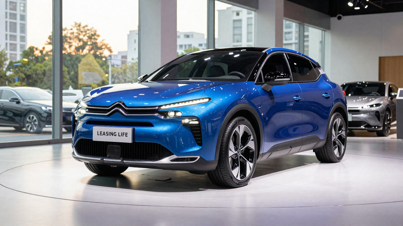 Carro eléctrico azul Citroën SUV exposto num salão, com luz natural a entrar pelas janelas grandes.