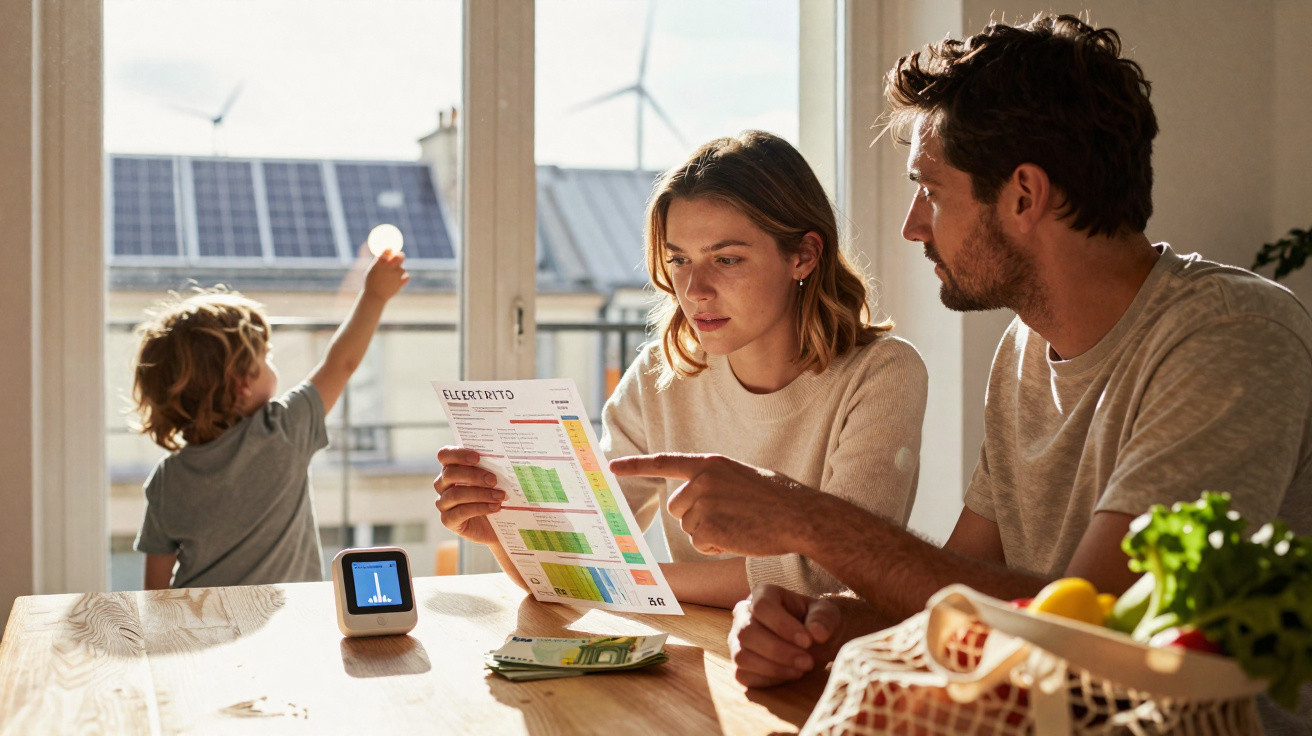 Família analisa fatura de eletricidade com painéis solares no telhado e turbinas eólicas à janela.