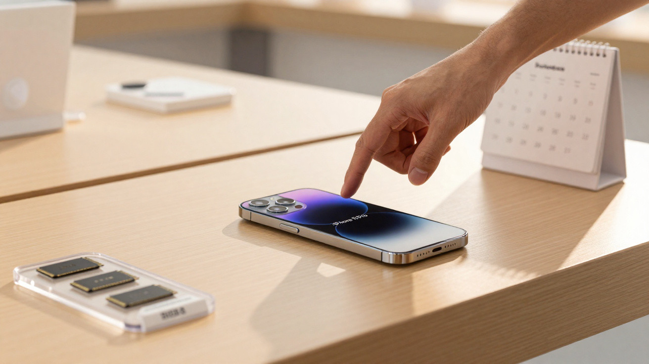 Mão humana a tocar num smartphone moderno sobre uma mesa de madeira com acessórios de escritório ao fundo.