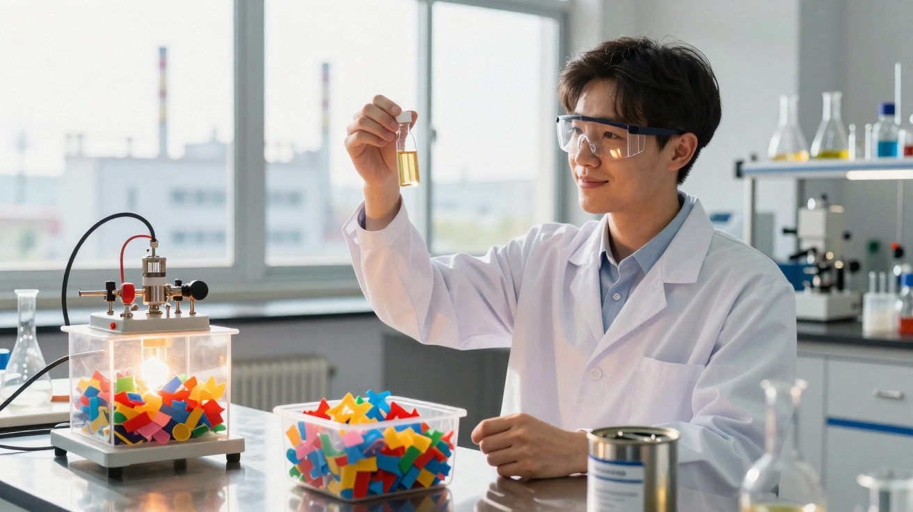Cientista numa bata branca segura tubo de ensaio com líquido amarelo num laboratório moderno.